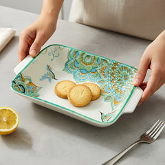 Lemon Tree Blue Ceramic Matte Finish Rectangular Deep Dish Platter with Handles – Stylish Serveware for Snacks & Desserts