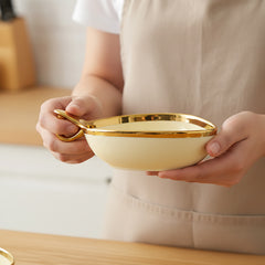 Luxury Cream Triangular Ceramic Serving Bowl – Gold Rim & Hook Handle, 19cm Deep Dish