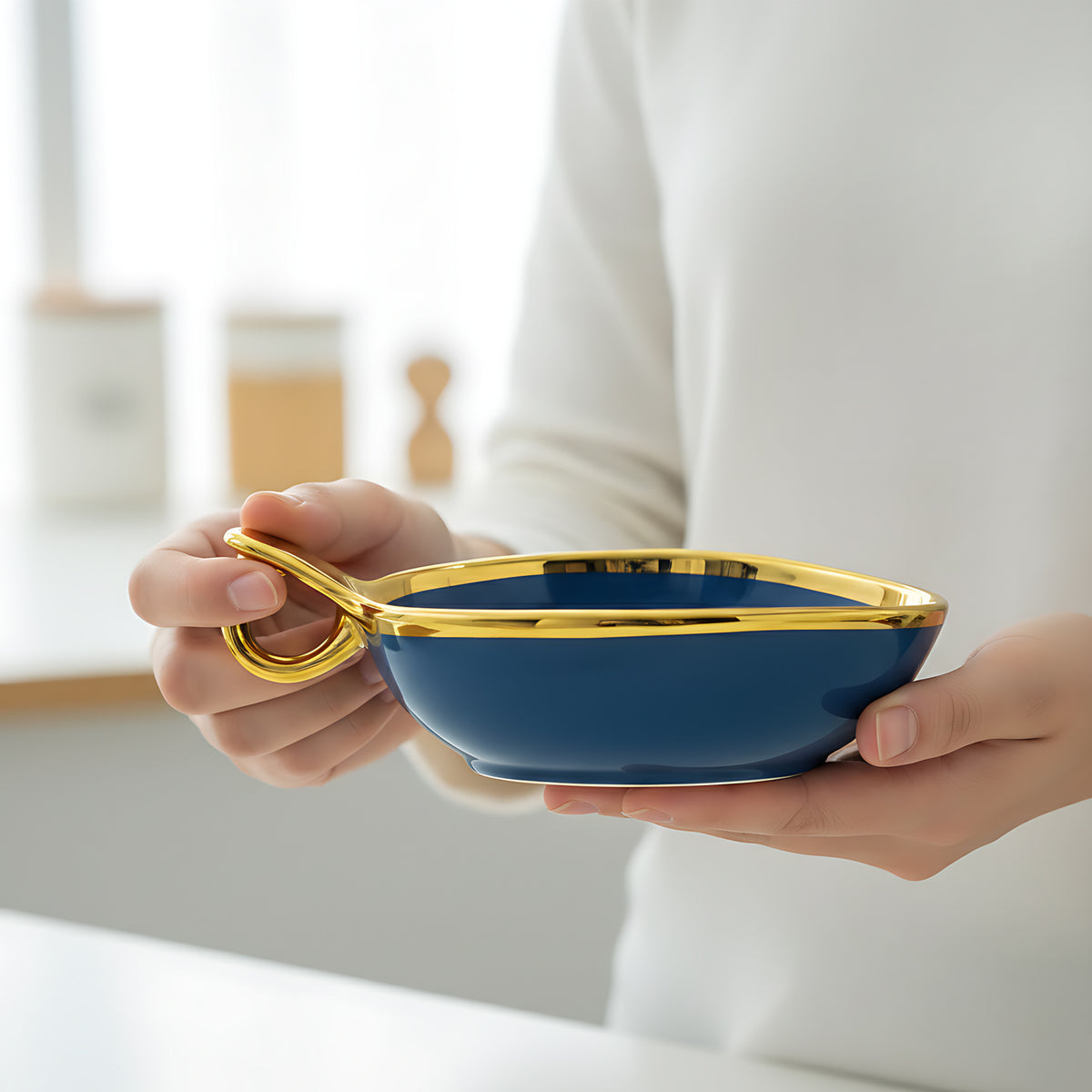 Stylish Blue Triangular Ceramic Deep Serving Bowl – 19cm Dish with Gold Rim & Hook Handle