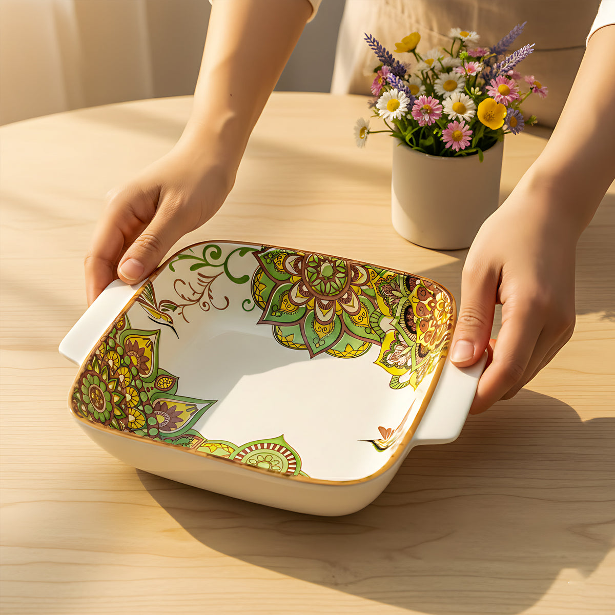 Lemon Tree Green Ceramic Matte Finish Square Deep Dish Platter with Double Handles – Stylish & Versatile Serveware