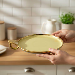 Elegant Cream Ceramic Round Serving Platter – Gold Rim & Hook Handle, 24cm