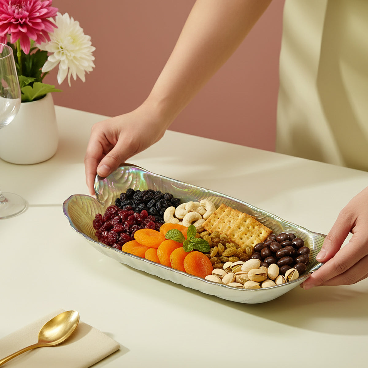 Lemon Tree Golden Pearl Finish Rectangular Deep Glass Platter | Luxurious Serving Dish for Snacks & Desserts