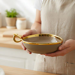 Elegant Brown Triangular Ceramic Serving Bowl – 19cm Deep Dish with Gold Rim & Hook Handle