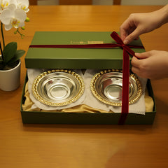 LEMON TREE 2pc German Silver Plated Metal 6.5" (320ml) Round Bowl Set - Gold & Silver Matt Finish | Perfect for Gifts