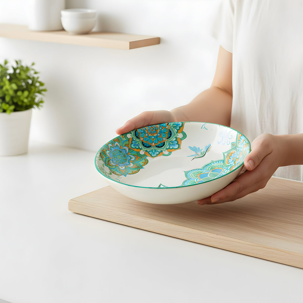 Lemon Tree Blue Ceramic Matte Finish Round Deep Dish Platter – Stylish Serveware for Pasta, Salad & More