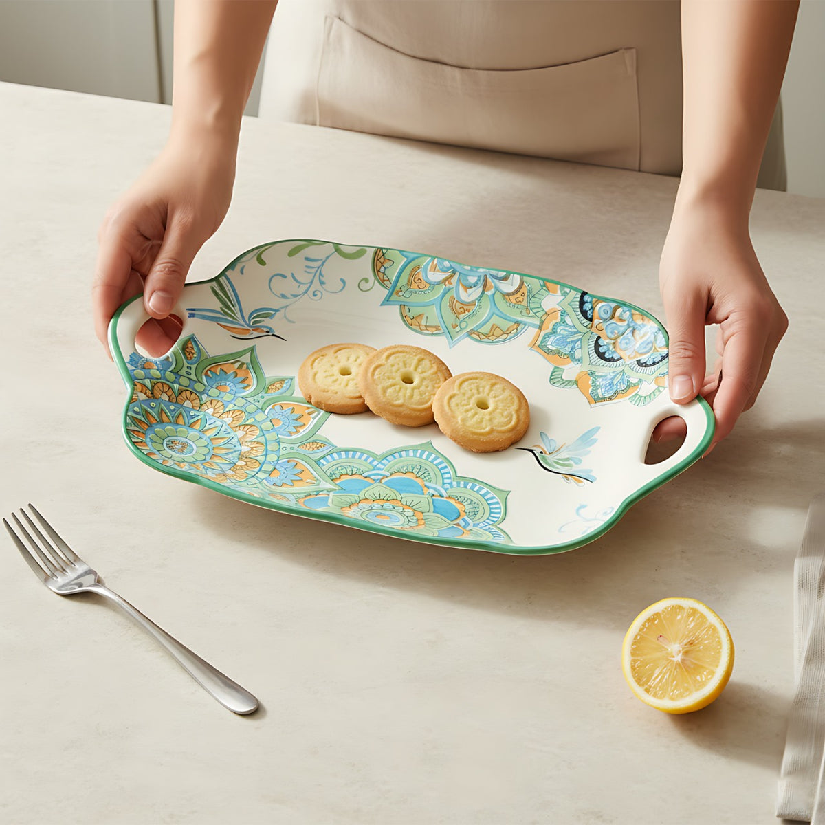 Lemon Tree Blue Ceramic Matte Finish Rectangular Platter with Dual Handle – Stylish Serveware for Snacks & Desserts