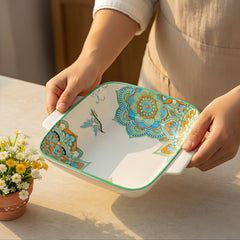 Lemon Tree Blue Ceramic Matte Finish Square Deep Dish Platter with Double Handles – Elegant & Functional Serveware