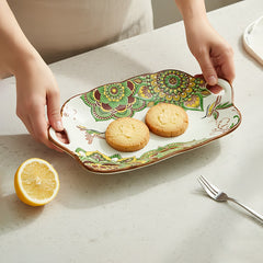 Lemon Tree Green Ceramic Matte Finish Rectangular Platter with Dual Ear Handles – Elegant & Functional Serveware