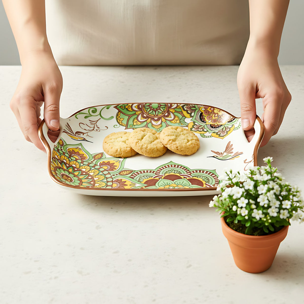 Lemon Tree Green Ceramic Matte Finish Square Platter with Double Ear Handles – Stylish & Versatile Serveware