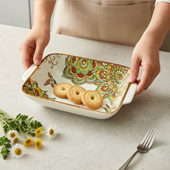 Lemon Tree Green Ceramic Matte Finish Rectangular Deep Dish Platter with Handles – Elegant Serveware for Snacks & Desserts
