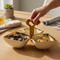 Elegant Cream Ceramic Tri-Part Serving Platter with Bamboo Handle & Gold Rim – 24cm