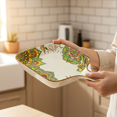 Lemon Tree Green Ceramic Matte Finish Square Platter with Handle – Elegant & Versatile Serveware