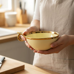 Elegant Cream Ceramic Deep Serving Bowl – 18cm Round Dish with Gold Rim & Hook Handle