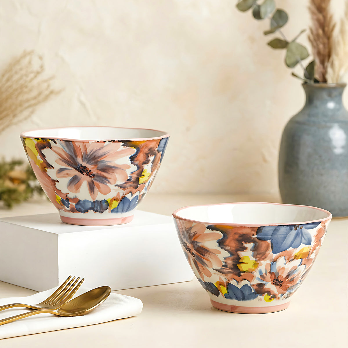 LEMON TREE 2pc Ceramic Medium 4.5" Round Bowl Set - Floral Design Matt Glaze for Snacks, Nuts, Veggies, Savouries & Desserts