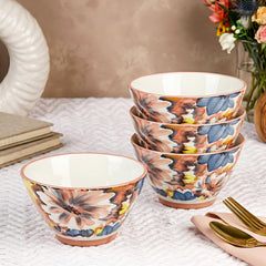 LEMON TREE 4pc Ceramic 4.5" Round Bowl Set - Vibrant Floral Prints | Ultimate for Snacks, Nuts, Veggies, Savories & Desserts