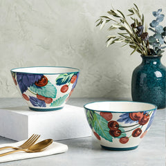 LEMON TREE 2pc Ceramic Medium 4.5" Round Bowl Set - Cherry Design Matt Glaze for Snacks, Nuts, Veggies, Savouries & Desserts