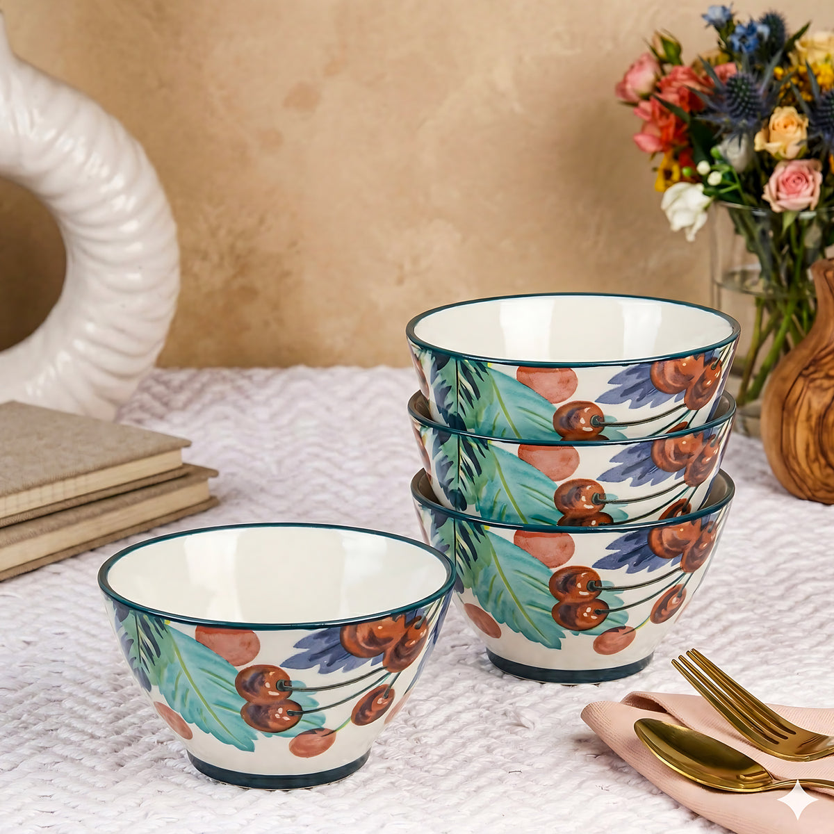 LEMON TREE 4pc Ceramic 4.5" Round Bowl Set - Vibrant Cherry Prints | Ultimate for Snacks, Nuts, Veggies, Savories & Desserts