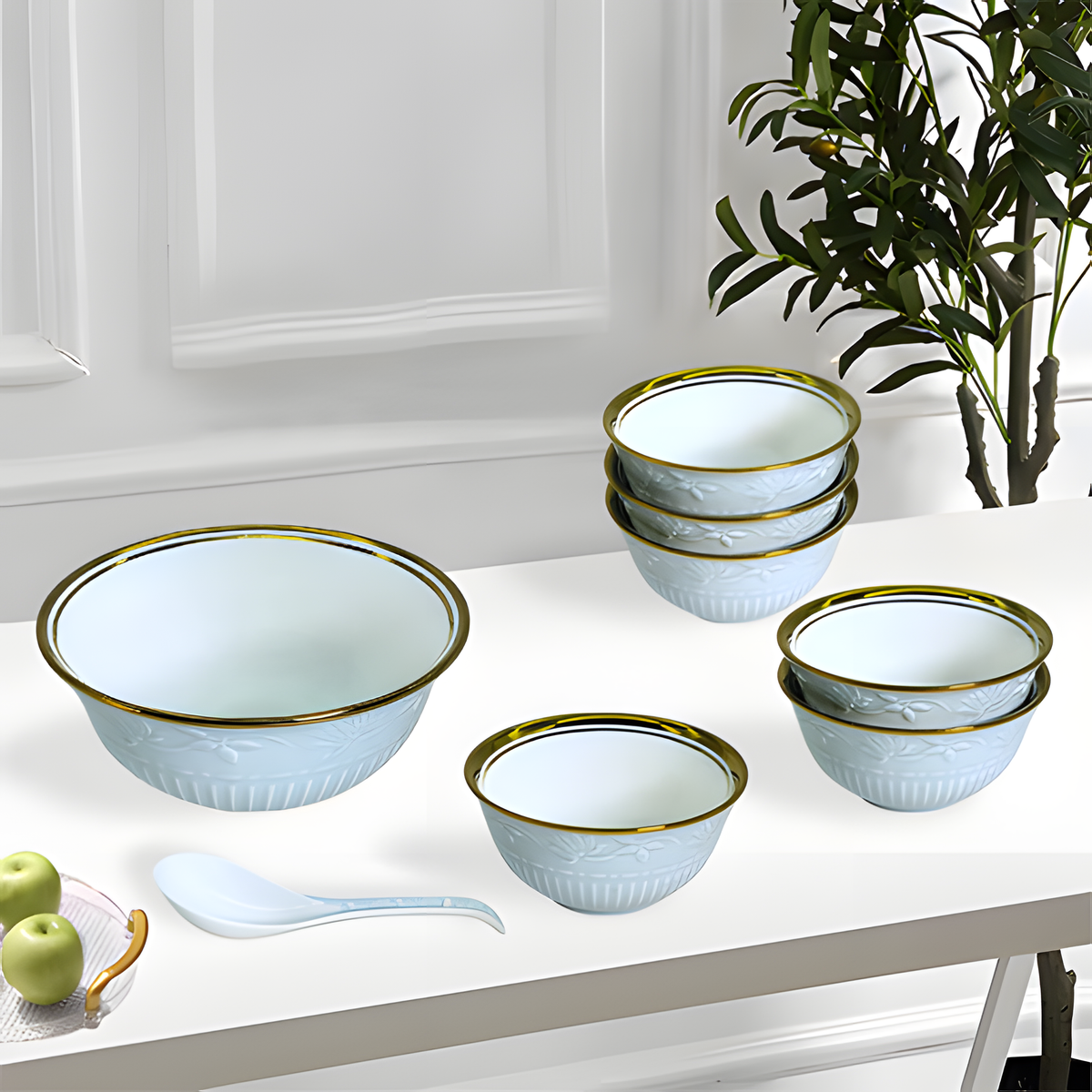 Luxurious Light Blue & Gold 8-Piece Embossed Ceramic Dessert & Pudding Set | Elegant Gift Box Packaging
