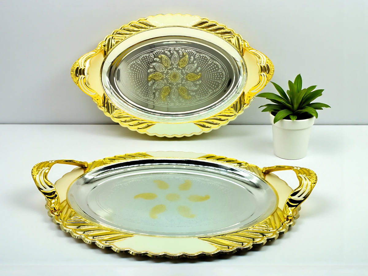LEMON TREE 2pc German Silver Plated Oval Metal Serving Tray Set - Gold & Silver Glossy Finish | Rust-Proof for Festive Gift Box