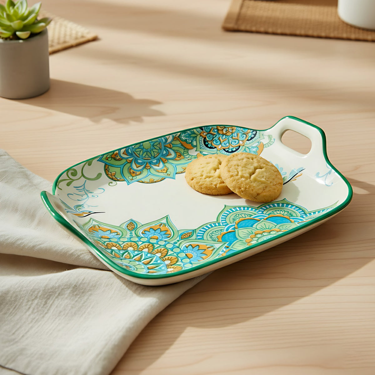 Lemon Tree Blue Ceramic Matte Finish Square Platter with Double Ear Handles – Elegant & Functional Serveware
