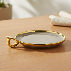 Luxurious Brown Ceramic Serving Platter – Gold Rim & Hook Handle, 24cm