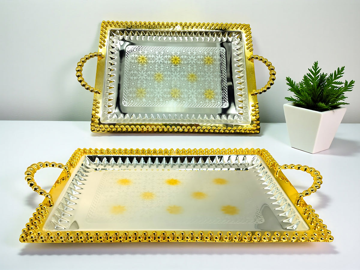 LEMON TREE 2pc German Silver Plated Rectangular Metal Serving Tray Set - Gold & Silver Glossy Finish | Rust-Proof for Festive Gift Box