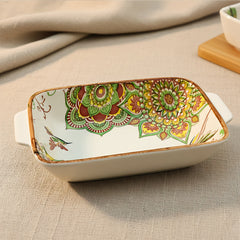 Lemon Tree Green Ceramic Matte Finish Rectangular Deep Dish Platter with Handles – Elegant Serveware for Snacks & Desserts