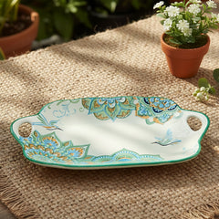 Lemon Tree Blue Ceramic Matte Finish Rectangular Platter with Dual Handle – Stylish Serveware for Snacks & Desserts