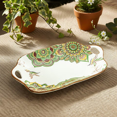 Lemon Tree Green Ceramic Matte Finish Rectangular Platter with Dual Ear Handles – Elegant & Functional Serveware