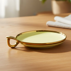 Elegant Cream Ceramic Round Serving Platter – Gold Rim & Hook Handle, 24cm