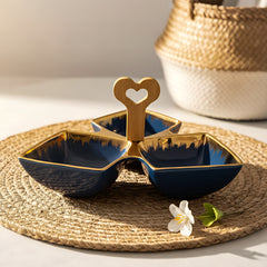 Luxury Blue Ceramic Tri-Part Platter with Bamboo Handle & Gold Rim – 24cm