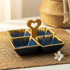 Blue Ceramic Quad-Part Platter with Bamboo Handle & Gold Rim – Stylish Multi-Section Serving Dish