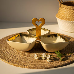 Elegant Cream Ceramic Tri-Part Serving Platter with Bamboo Handle & Gold Rim – 24cm