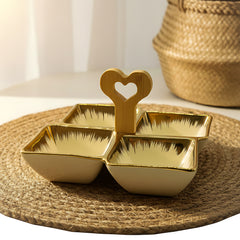 Cream Ceramic Quad-Part Serving Platter with Bamboo Handle & Gold Rim – Stylish Divided Snack Tray