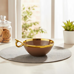 Luxury Brown Ceramic Deep Serving Bowl – 18cm Snack & Salad Dish with Gold Rim & Hook Handle