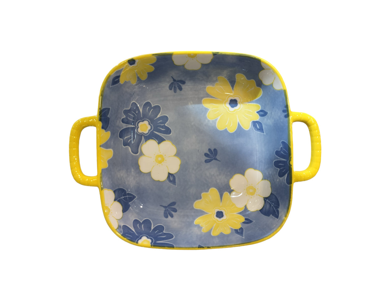 Lemon Tree Blue Ceramic Deep Square Serving Plate – Elegant Snack & Salad Dish | Durable, Microwave & Dishwasher Safe