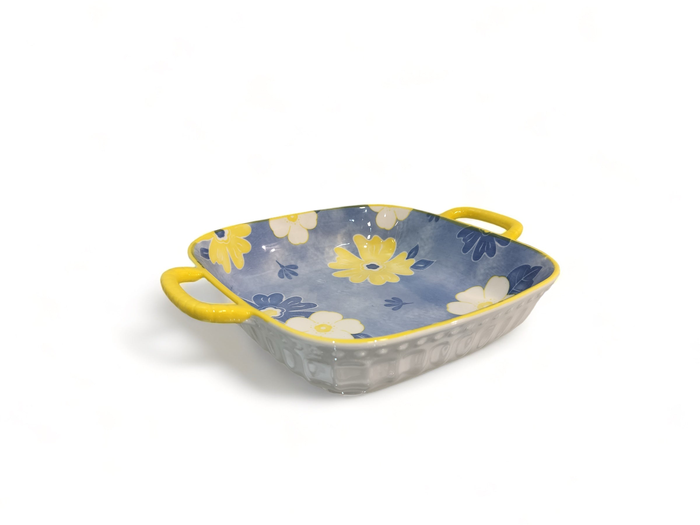 Lemon Tree Blue Ceramic Deep Square Serving Plate – Elegant Snack & Salad Dish | Durable, Microwave & Dishwasher Safe