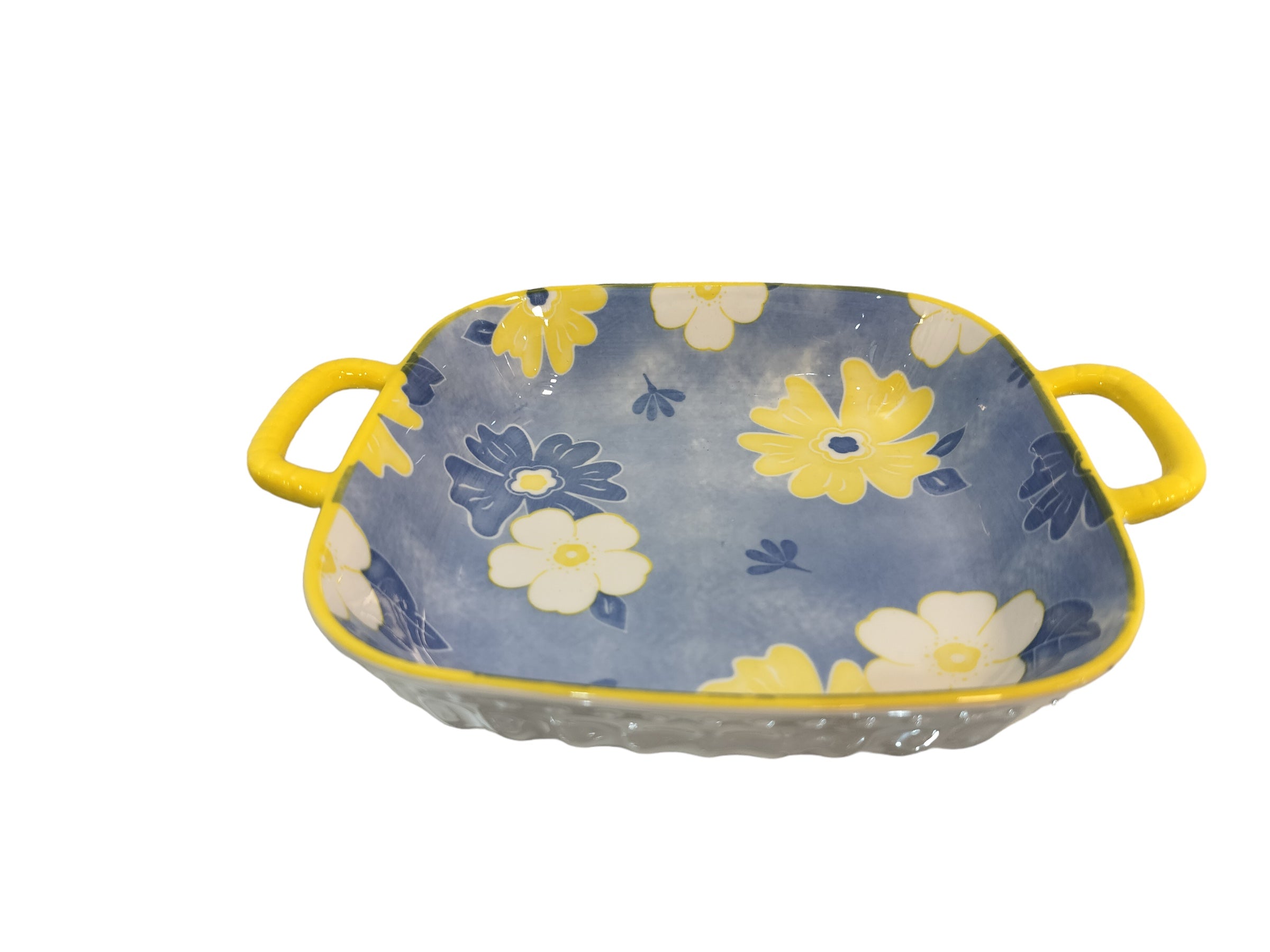Lemon Tree Blue Ceramic Deep Square Serving Plate – Elegant Snack & Salad Dish | Durable, Microwave & Dishwasher Safe