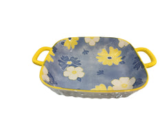 Lemon Tree Blue Ceramic Deep Square Serving Plate – Elegant Snack & Salad Dish | Durable, Microwave & Dishwasher Safe