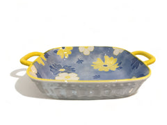 Lemon Tree Blue Ceramic Deep Square Serving Plate – Elegant Snack & Salad Dish | Durable, Microwave & Dishwasher Safe
