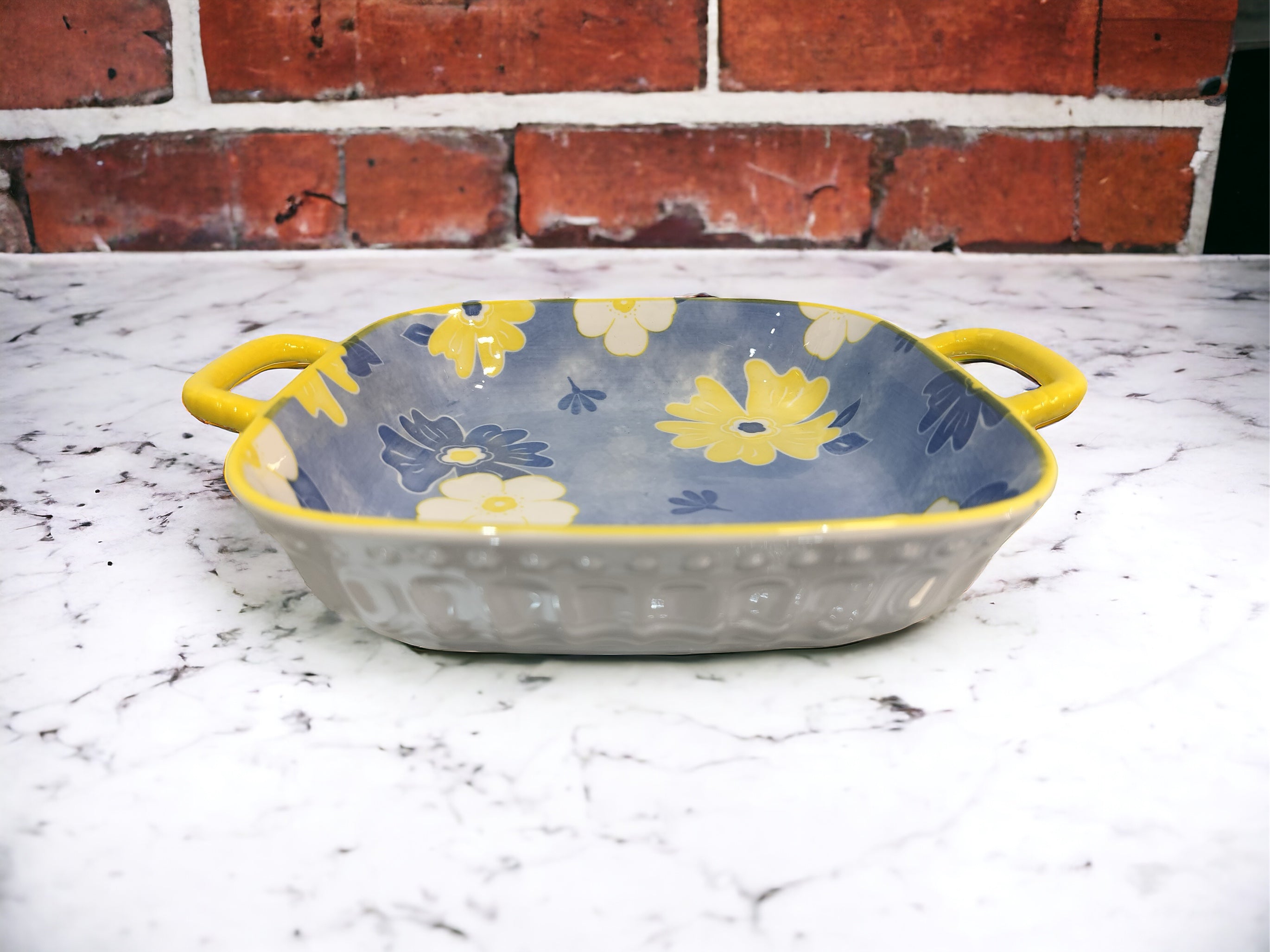 Lemon Tree Blue Ceramic Deep Square Serving Plate – Elegant Snack & Salad Dish | Durable, Microwave & Dishwasher Safe