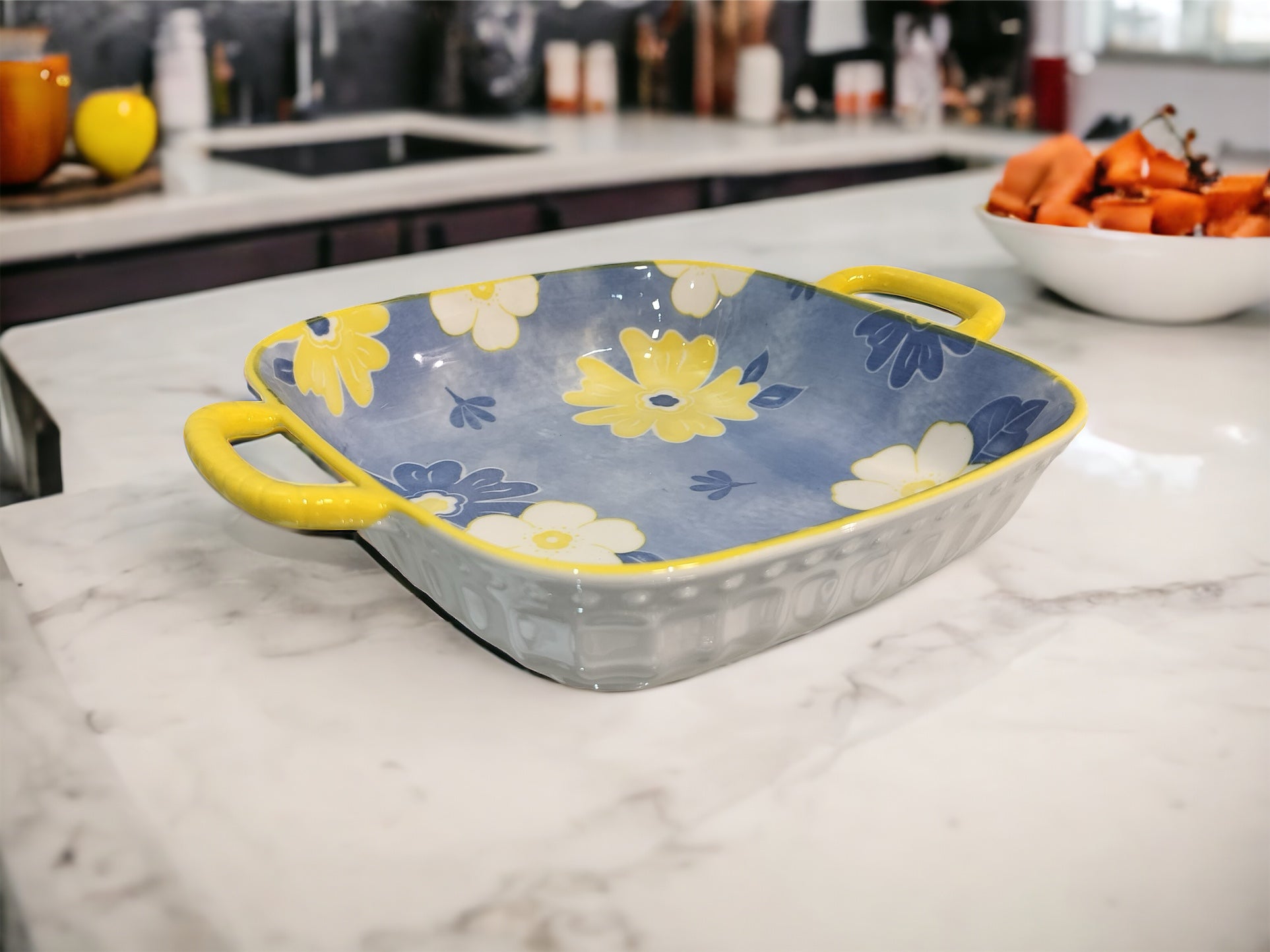 Lemon Tree Blue Ceramic Deep Square Serving Plate – Elegant Snack & Salad Dish | Durable, Microwave & Dishwasher Safe