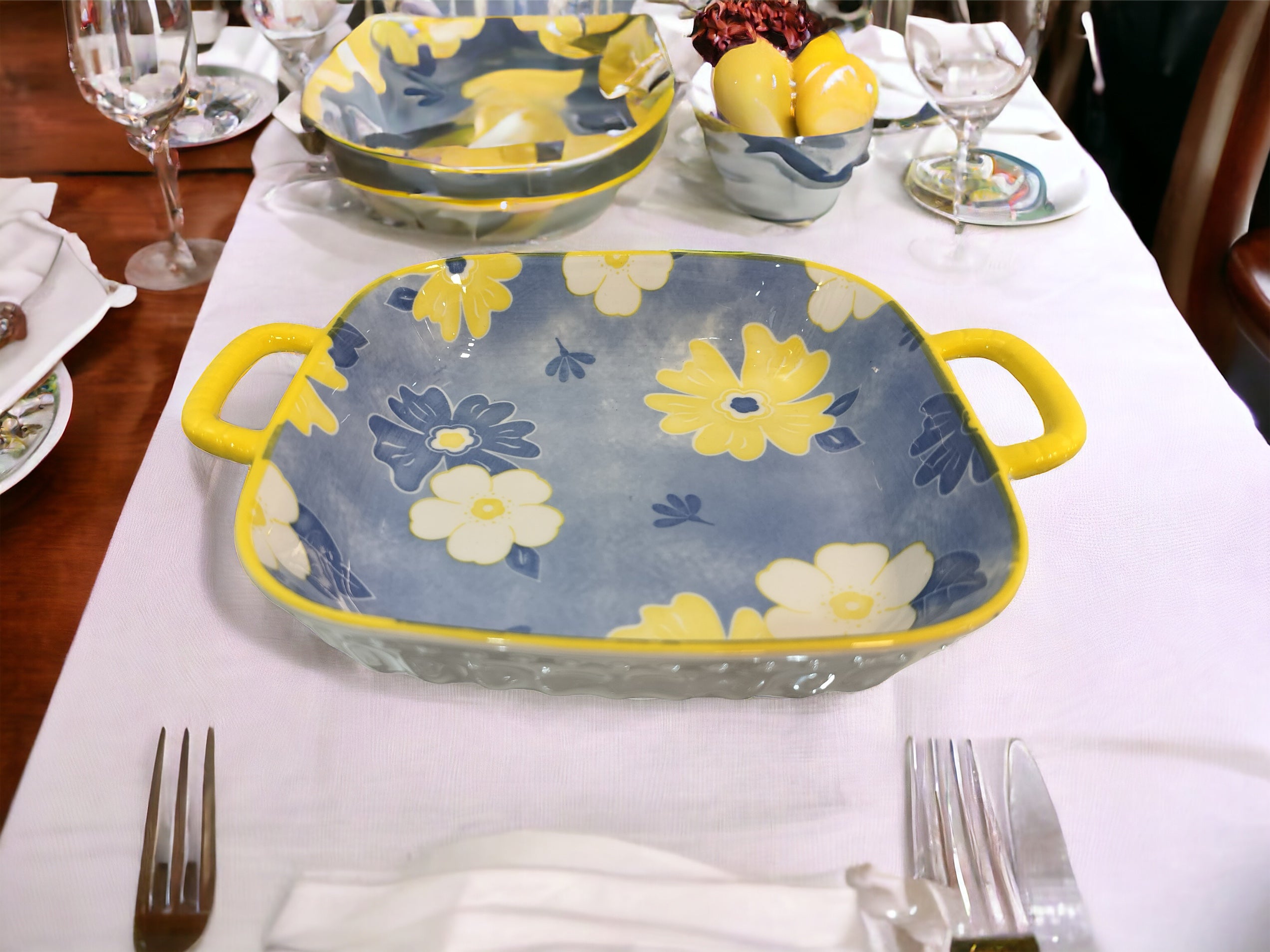 Lemon Tree Blue Ceramic Deep Square Serving Plate – Elegant Snack & Salad Dish | Durable, Microwave & Dishwasher Safe