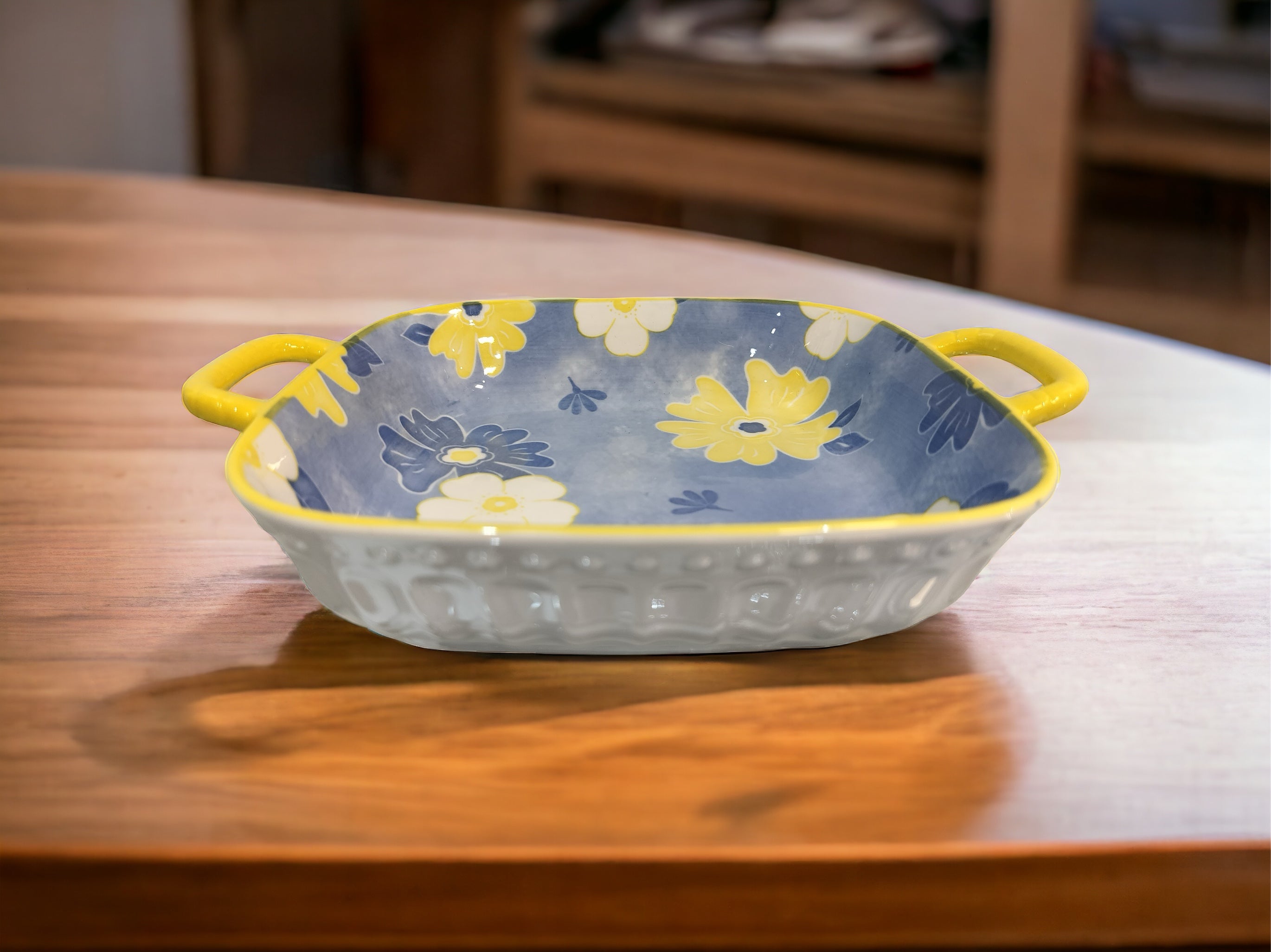 Lemon Tree Blue Ceramic Deep Square Serving Plate – Elegant Snack & Salad Dish | Durable, Microwave & Dishwasher Safe