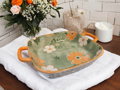 Lemon Tree Green Ceramic Square Deep Serving Plate – Stylish & Durable Snack Dish | Microwave & Dishwasher Safe