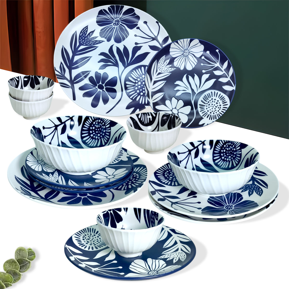 HF0603 -14-Piece Ceramic Stoneware Dinner Set for 4 Pax  Sophisticated Blue Contemporary Design Lead-Free Microwave & Dishwasher Safe Premium Gift Box Included